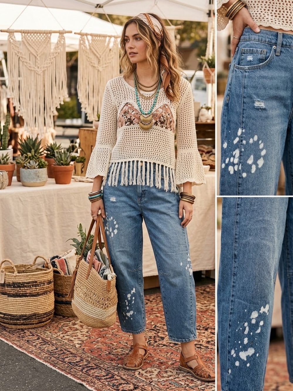 Jessica Simpson Cherry Barrels Blue Relaxed Jeans Bleach-Splatter 6 10 cotton
